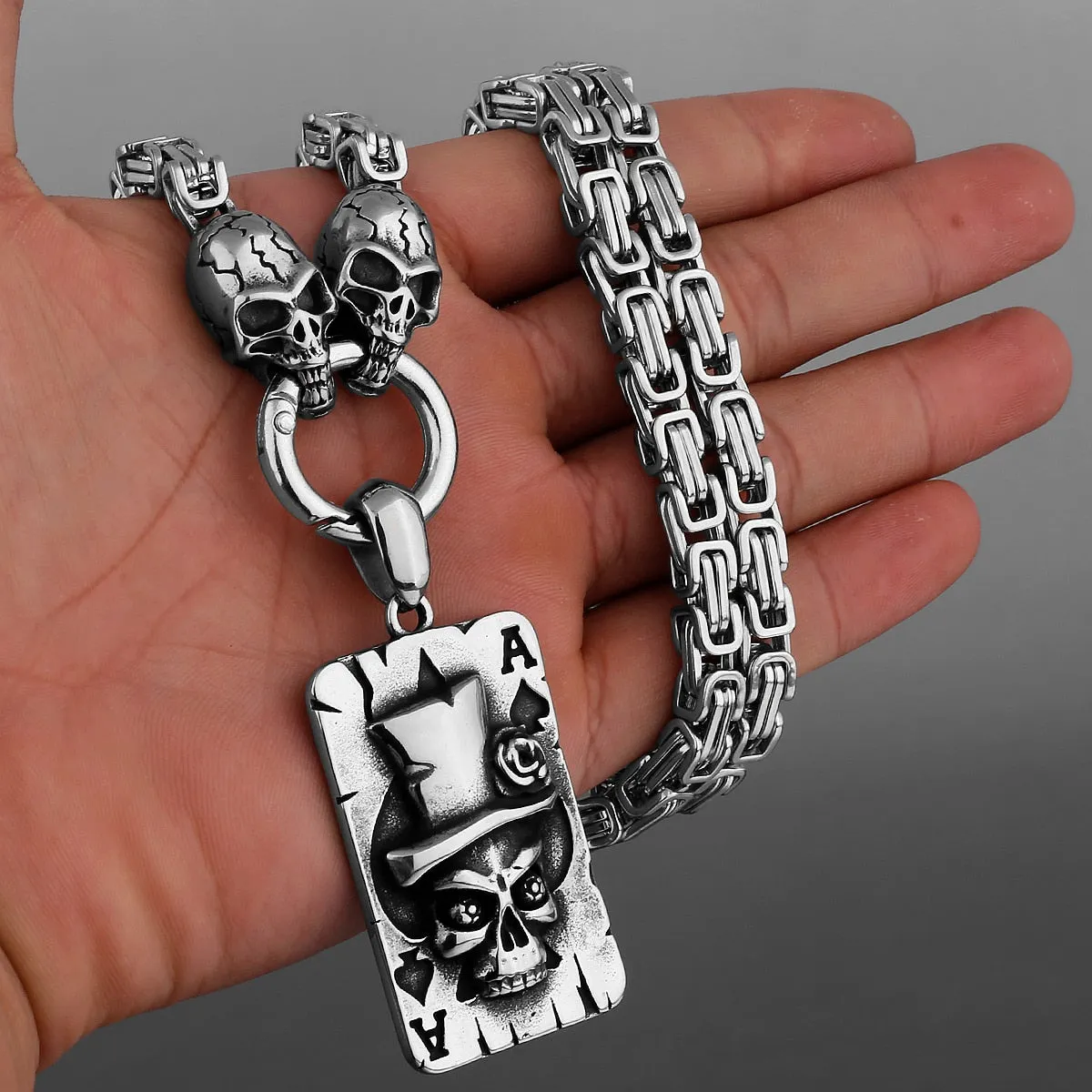 Heavy Stainless Steel Spade Ace Skull Pendant Necklace