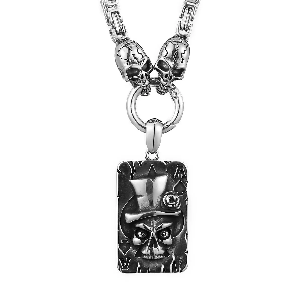 Heavy Stainless Steel Spade Ace Skull Pendant Necklace