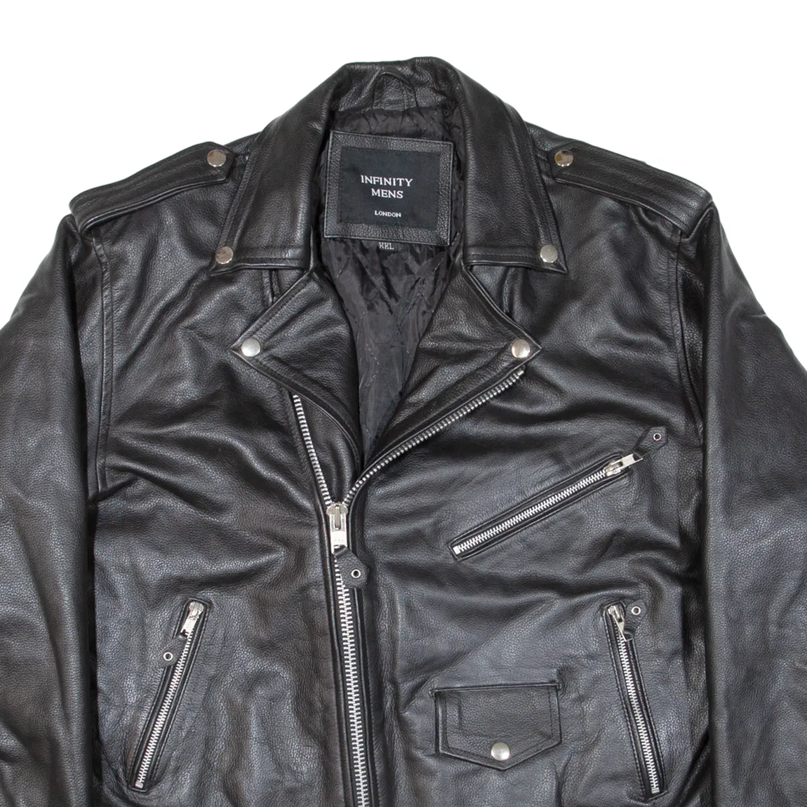 INFINITY MENS LONDON Quilted Lined Mens Biker Jacket Black Leather 2XL