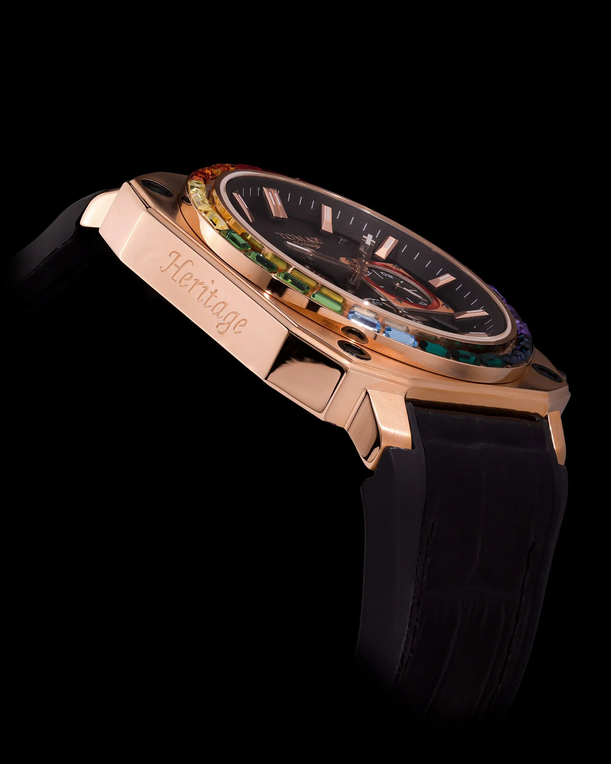 Jezper TQ021B-D8 (Rosegold) with Rainbow Swarovski (Black Bamboo Rubber Strap)