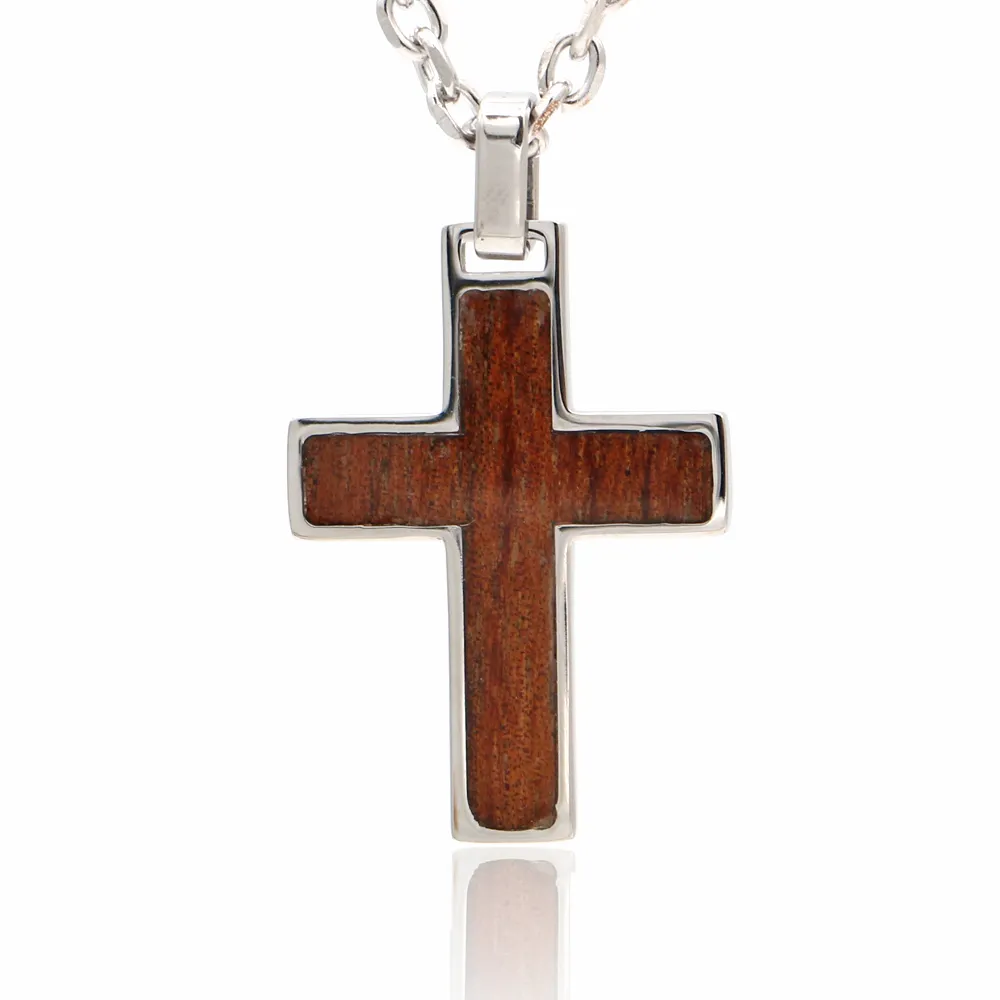 Koa Wood Inlay Cross - Stainless Steel