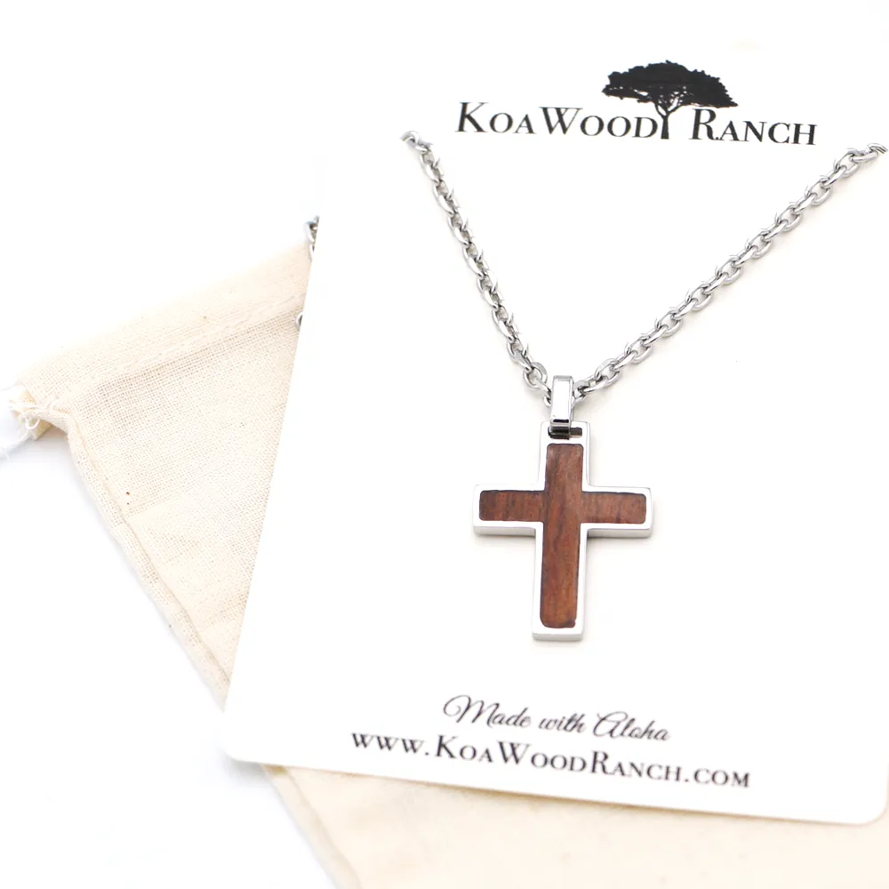 Koa Wood Inlay Cross - Stainless Steel