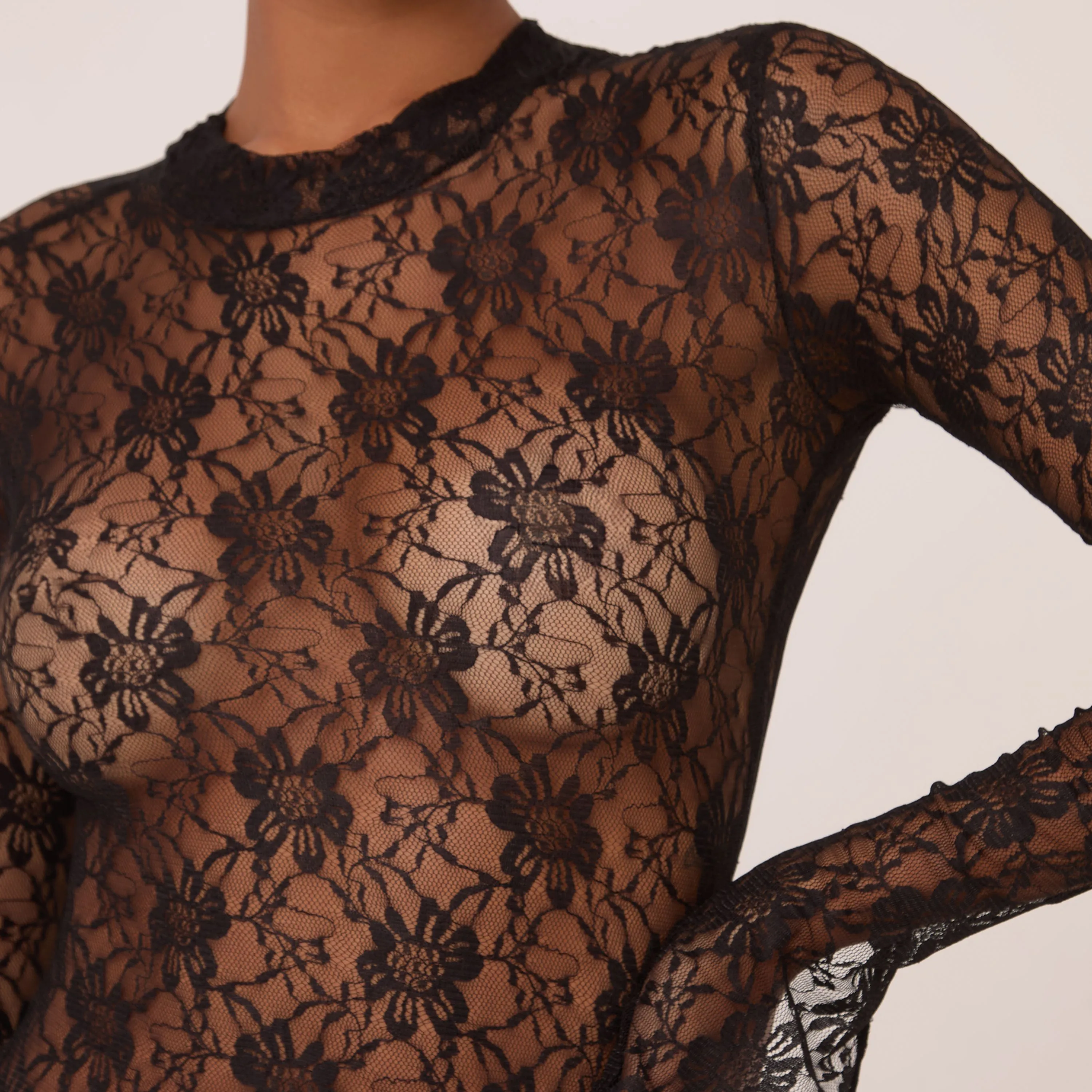 Long Sleeve Puffball Mini Dress In Black Lace