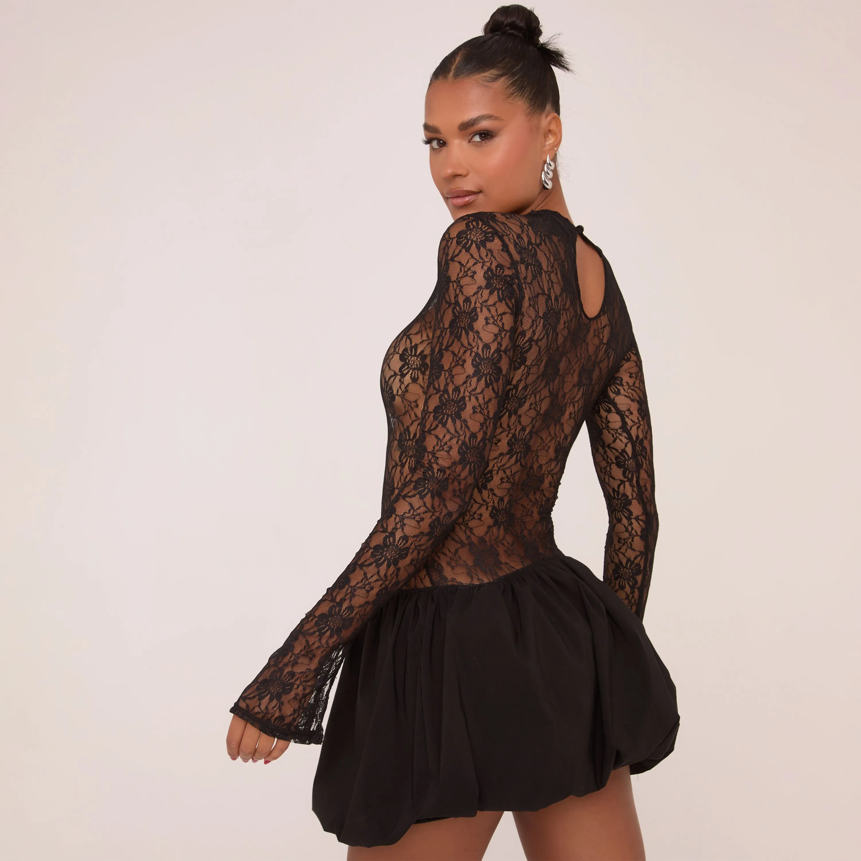 Long Sleeve Puffball Mini Dress In Black Lace