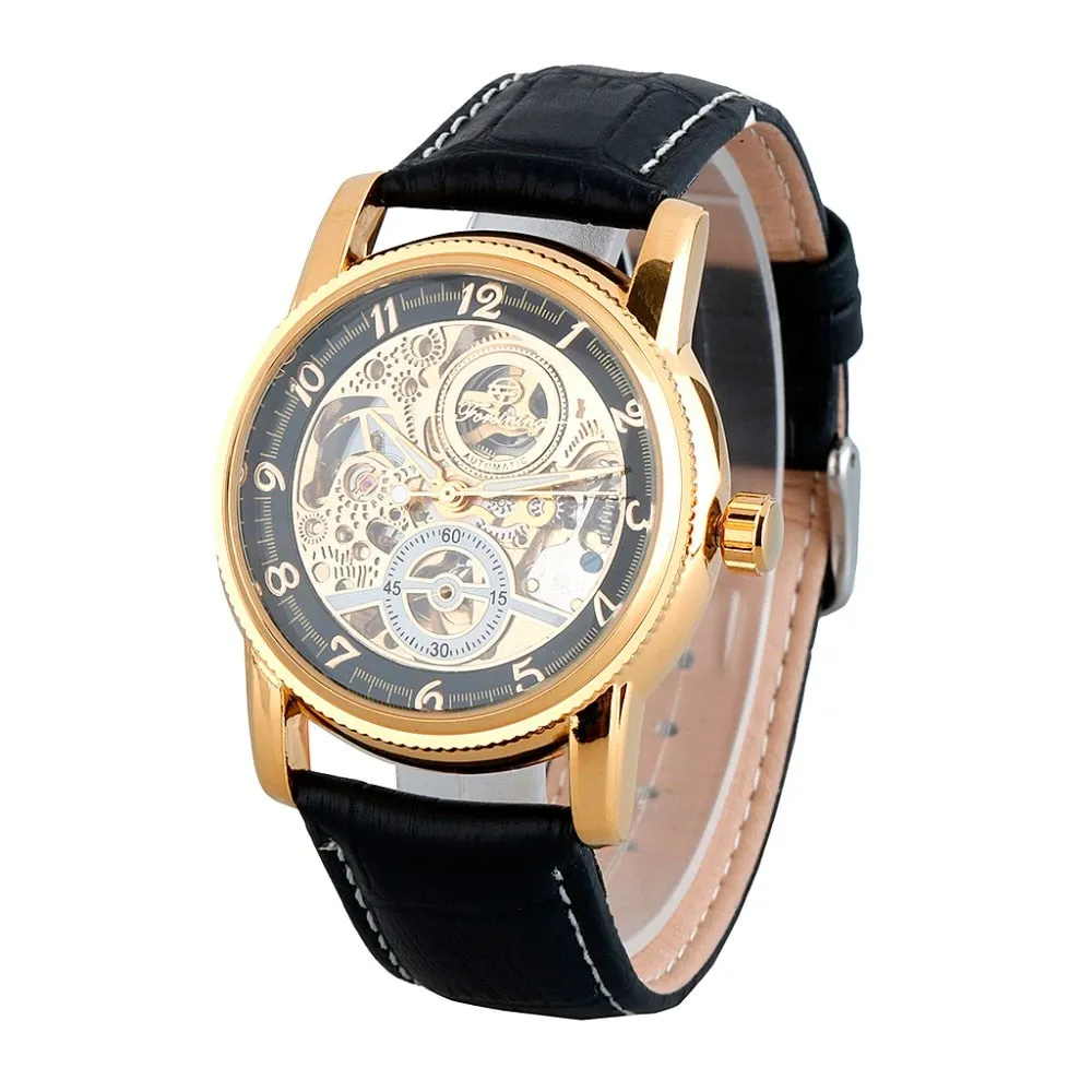 Luxury Retro Style Skeleton Genuine Leather Automatic Self-Wind Watch