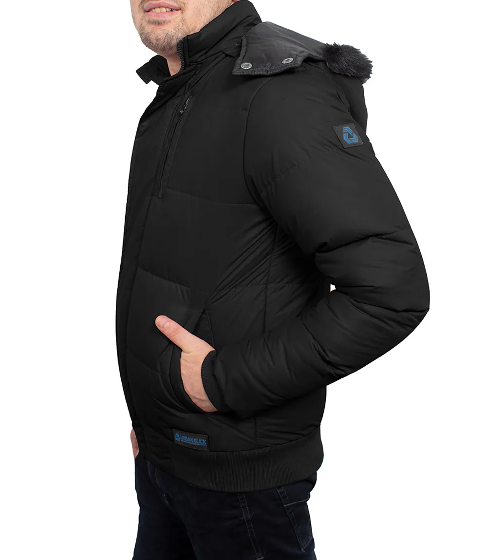 Men's Black Puffer Jacket With Faux Fur Hood