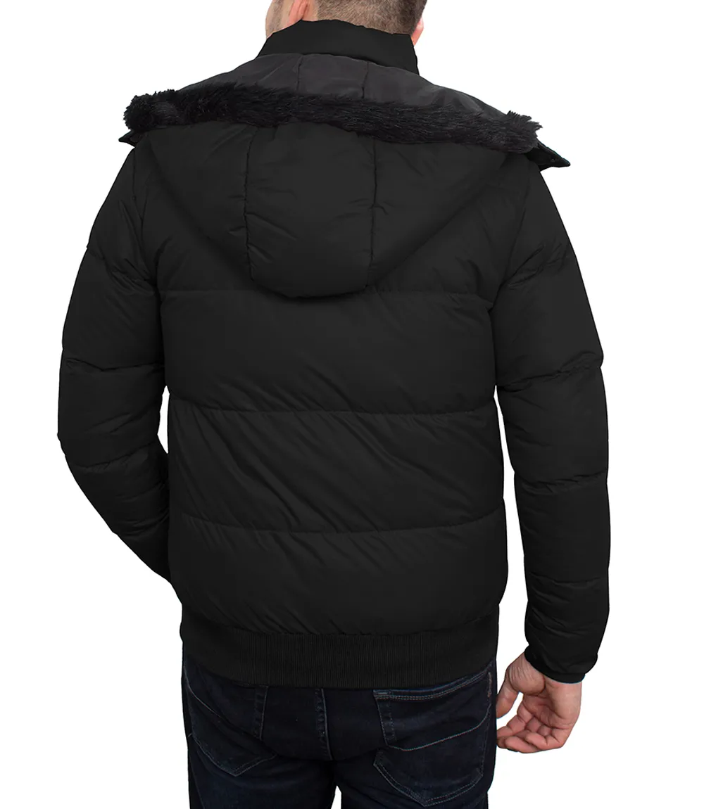 Men's Black Puffer Jacket With Faux Fur Hood