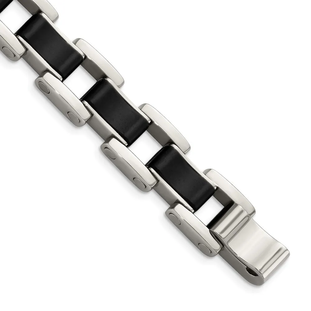 Men's 14mm Stainless Steel & Black Rubber Link Bracelet, 8.5 Inch