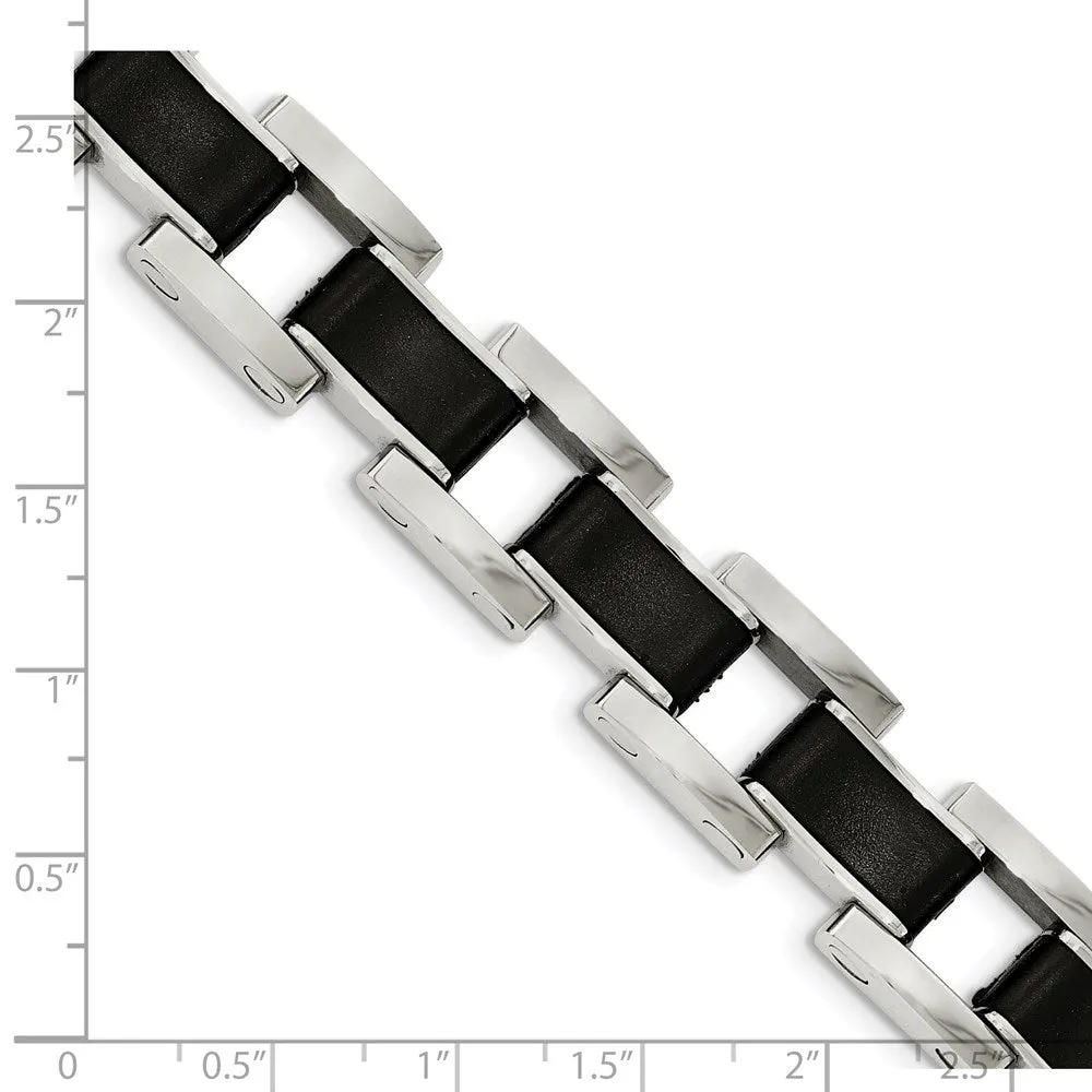 Men's 14mm Stainless Steel & Black Rubber Link Bracelet, 8.5 Inch