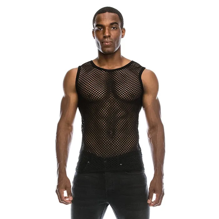 Men's Polyester See-Through Fishnet Streetwear Short Sleeve Fitness Shirt