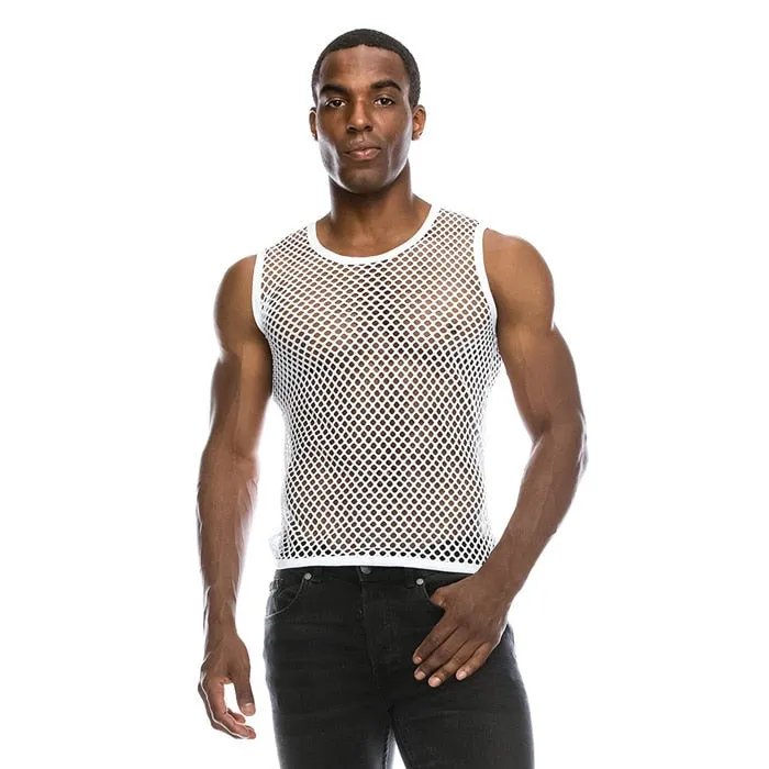 Men's Polyester See-Through Fishnet Streetwear Short Sleeve Fitness Shirt