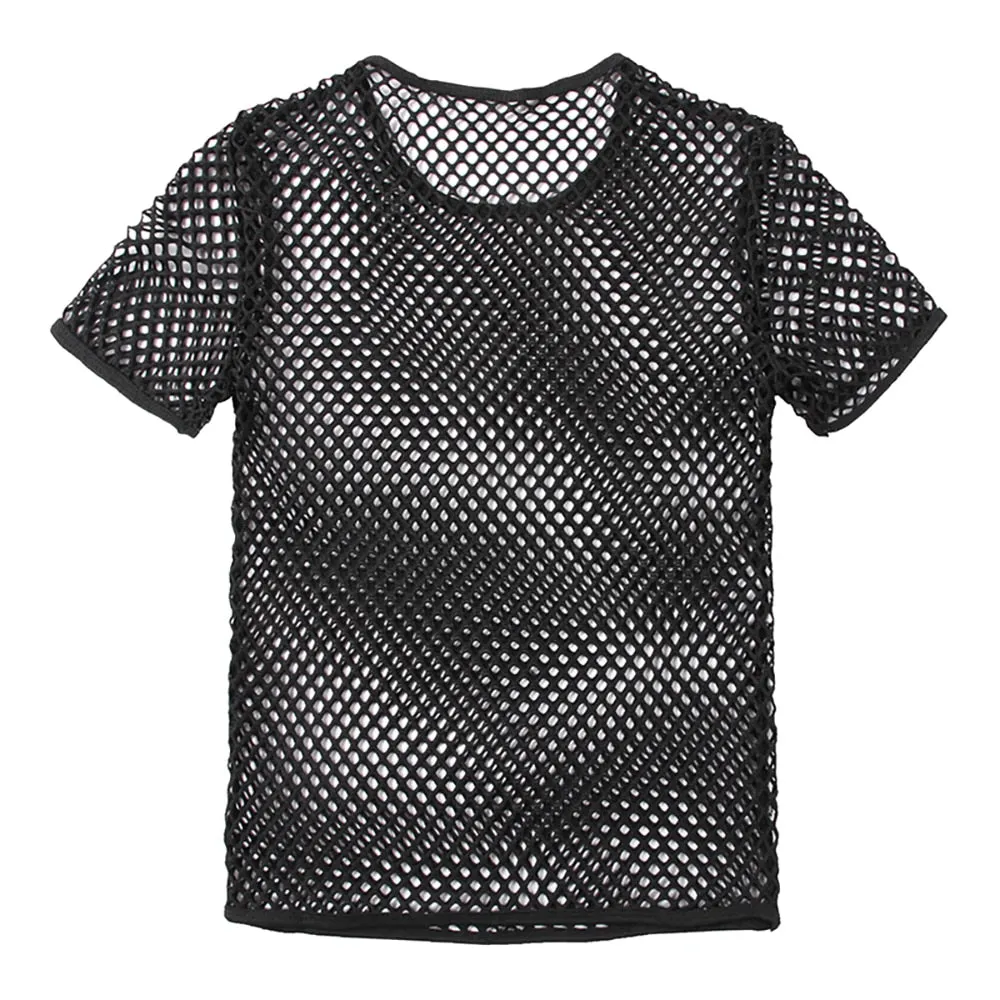 Men's Polyester See-Through Fishnet Streetwear Short Sleeve Fitness Shirt