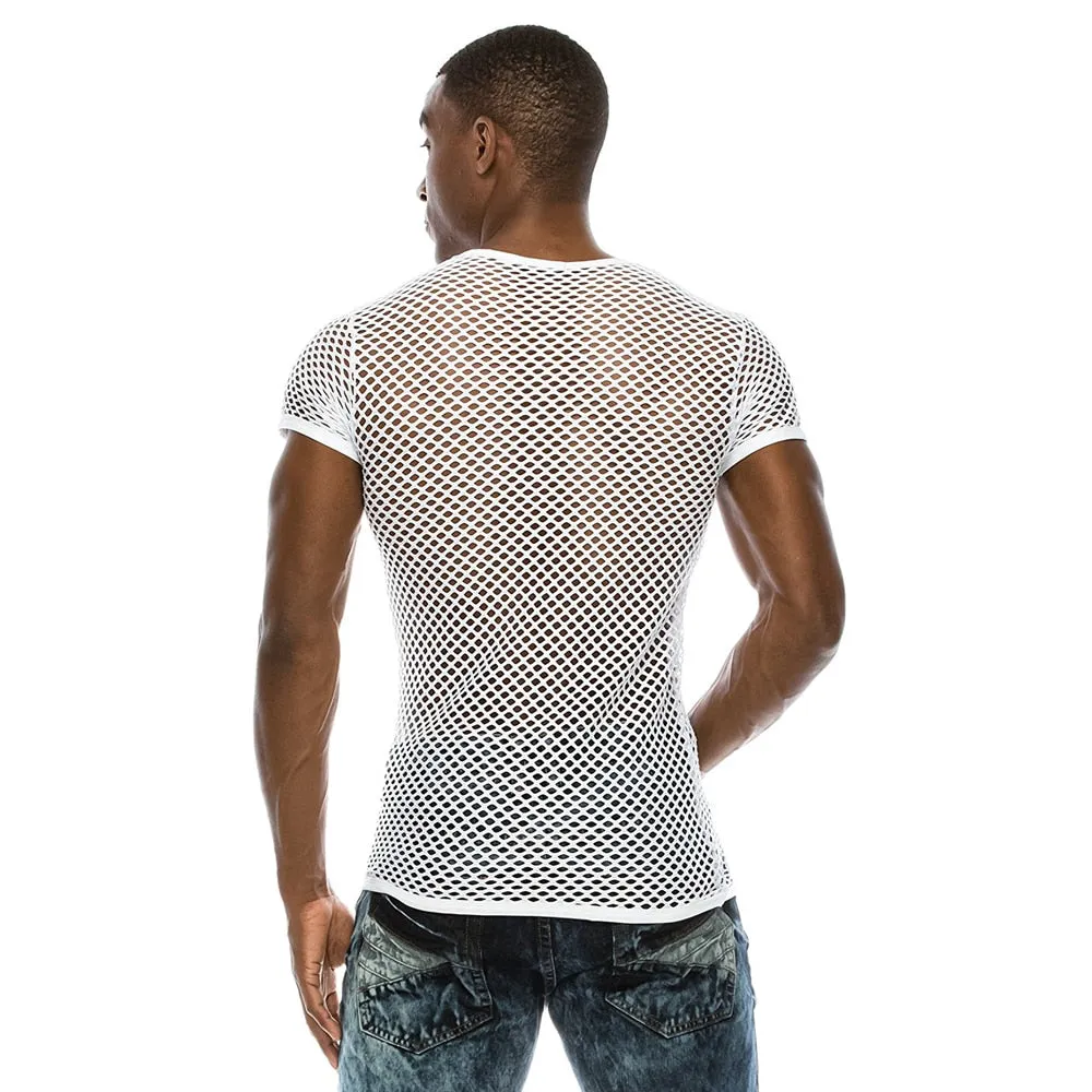 Men's Polyester See-Through Fishnet Streetwear Short Sleeve Fitness Shirt