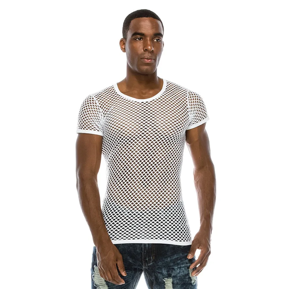 Men's Polyester See-Through Fishnet Streetwear Short Sleeve Fitness Shirt