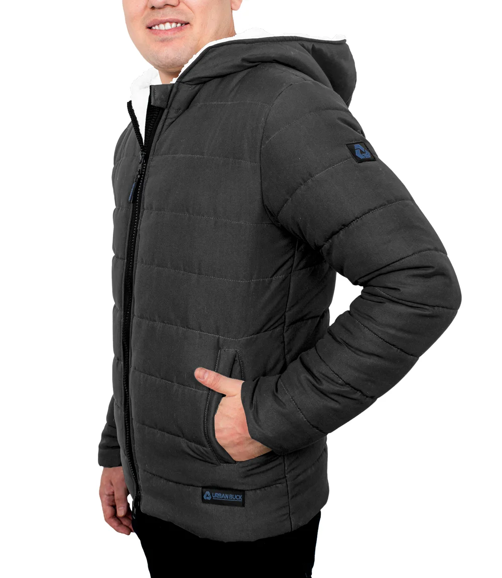 Mens Sherpa Lined  Dark Gray Puffer Jacket With Hood