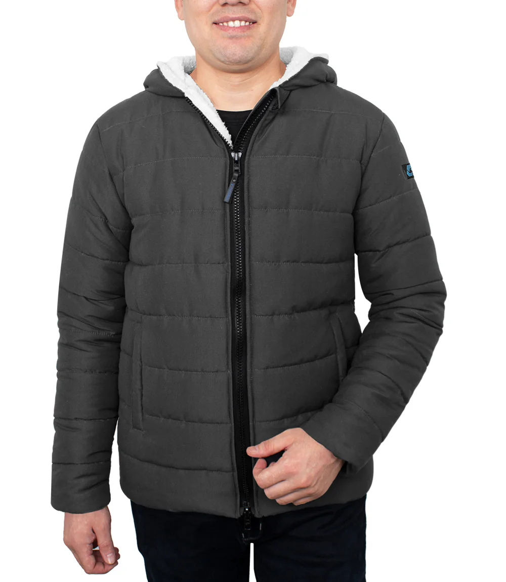 Mens Sherpa Lined  Dark Gray Puffer Jacket With Hood