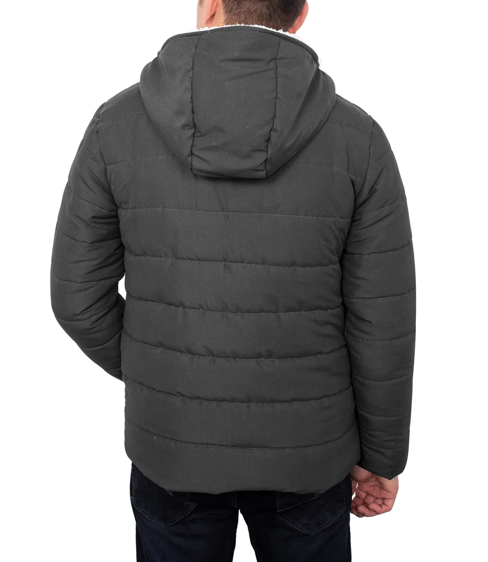 Mens Sherpa Lined  Dark Gray Puffer Jacket With Hood