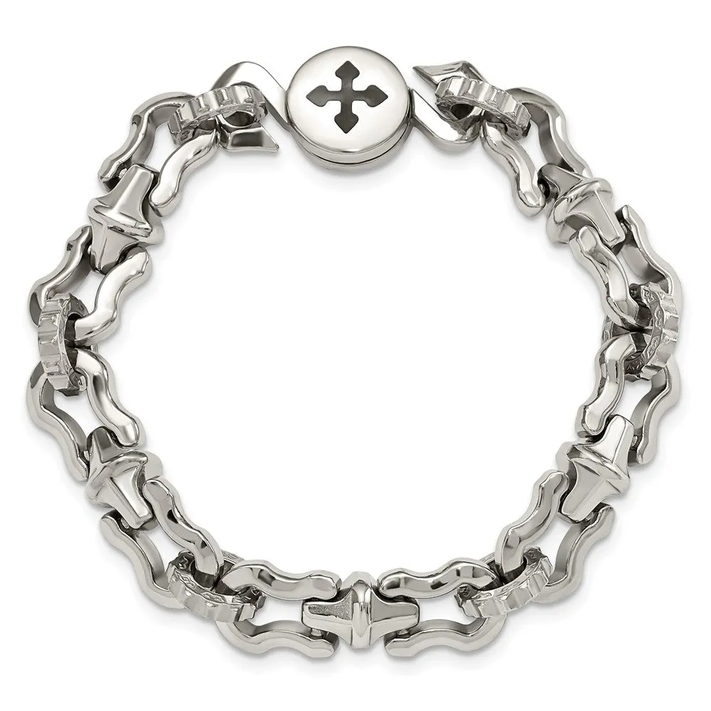 Men's Stainless Steel and Black Rubber Cross 8.5 Inch Bracelet