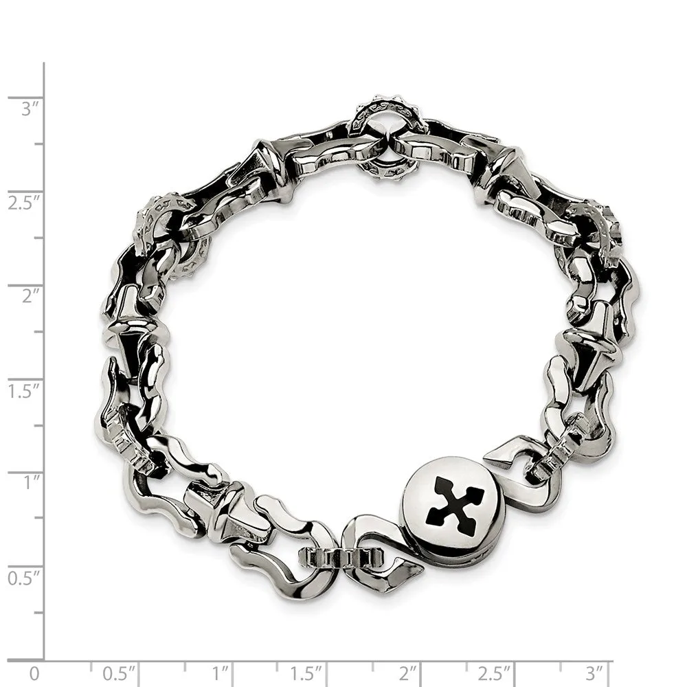 Men's Stainless Steel and Black Rubber Cross 8.5 Inch Bracelet