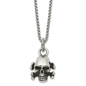 Mens Stainless Steel Antiqued & Polished Small Skull Necklace, 24 Inch