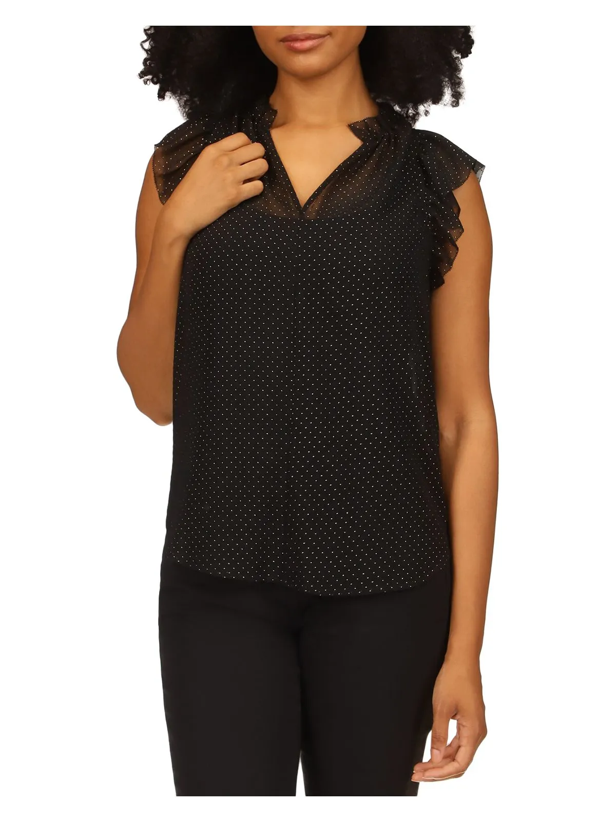 MICHAEL MICHAEL KORS Womens Black Ruffled Sheer Dewdrop Lined Hook And Eye Polka Dot Short Sleeve Split Top