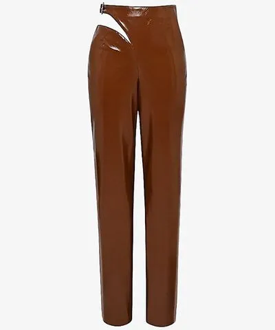 Mistress Rocks Womens Toffee Hasten cut-out wide-leg mid-rise faux-leather trousers