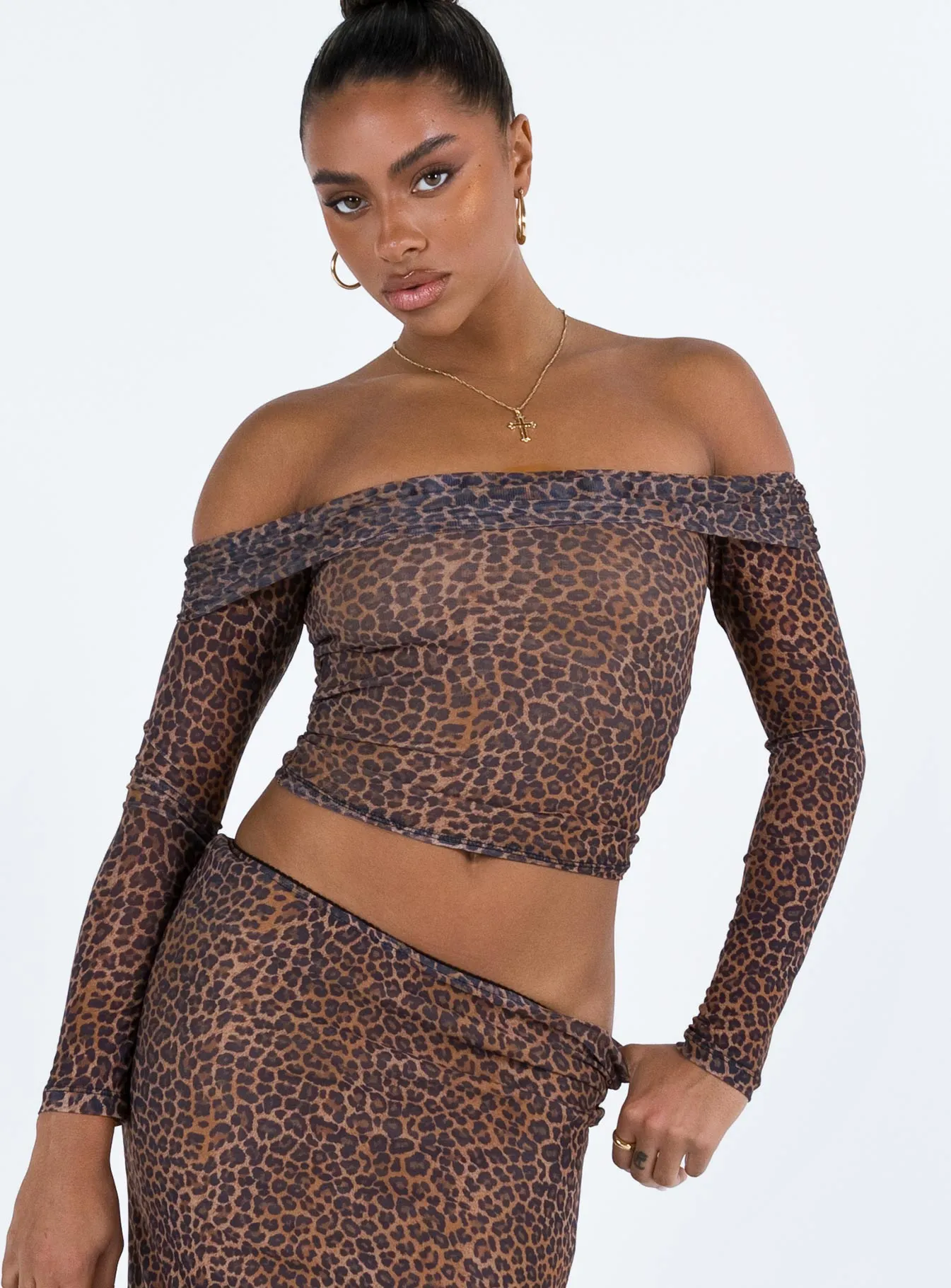 Motel Nagini Bardot Top Mesh Leopard