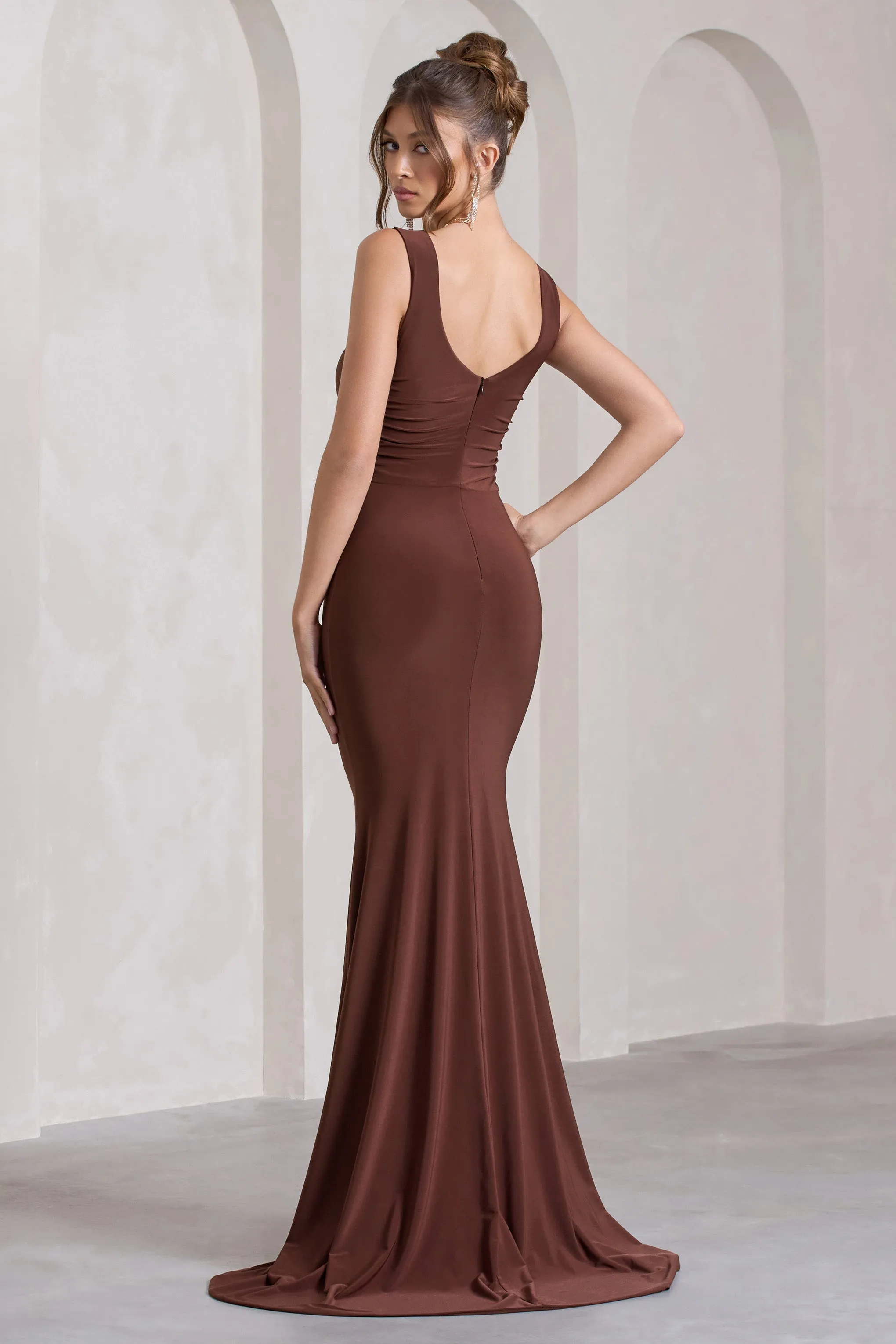 My Presence | Chocolate Brown Low-Back Fishtail Split Maxi Dress