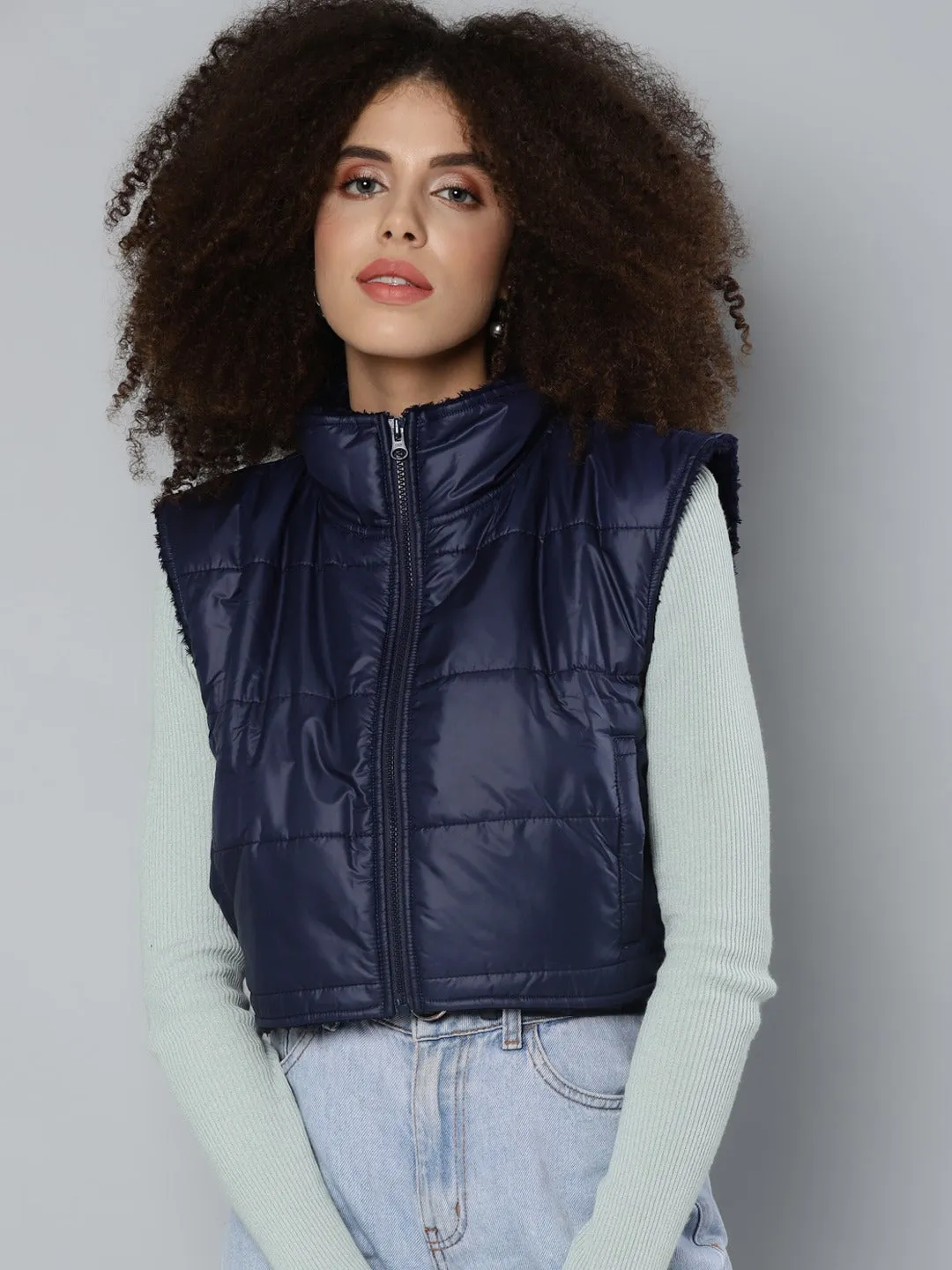 Navy Fur Lined Sleeveless Crop jacket