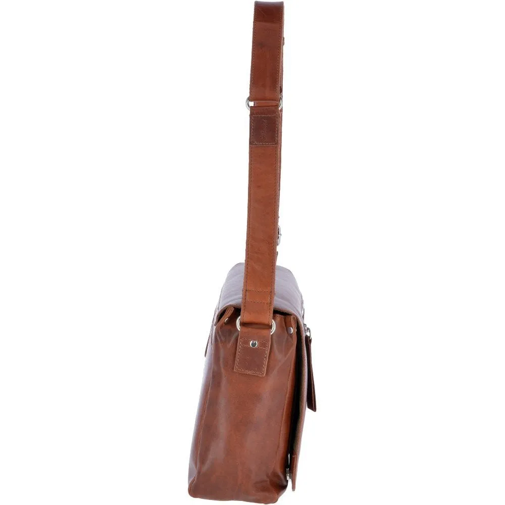 Oily Tan Leather Flap Over Messenger Bag