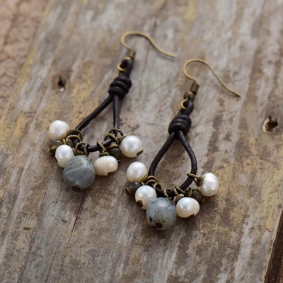 Pearls & Labradorite Leather Earrings