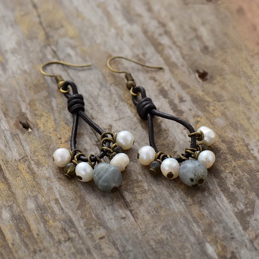 Pearls & Labradorite Leather Earrings