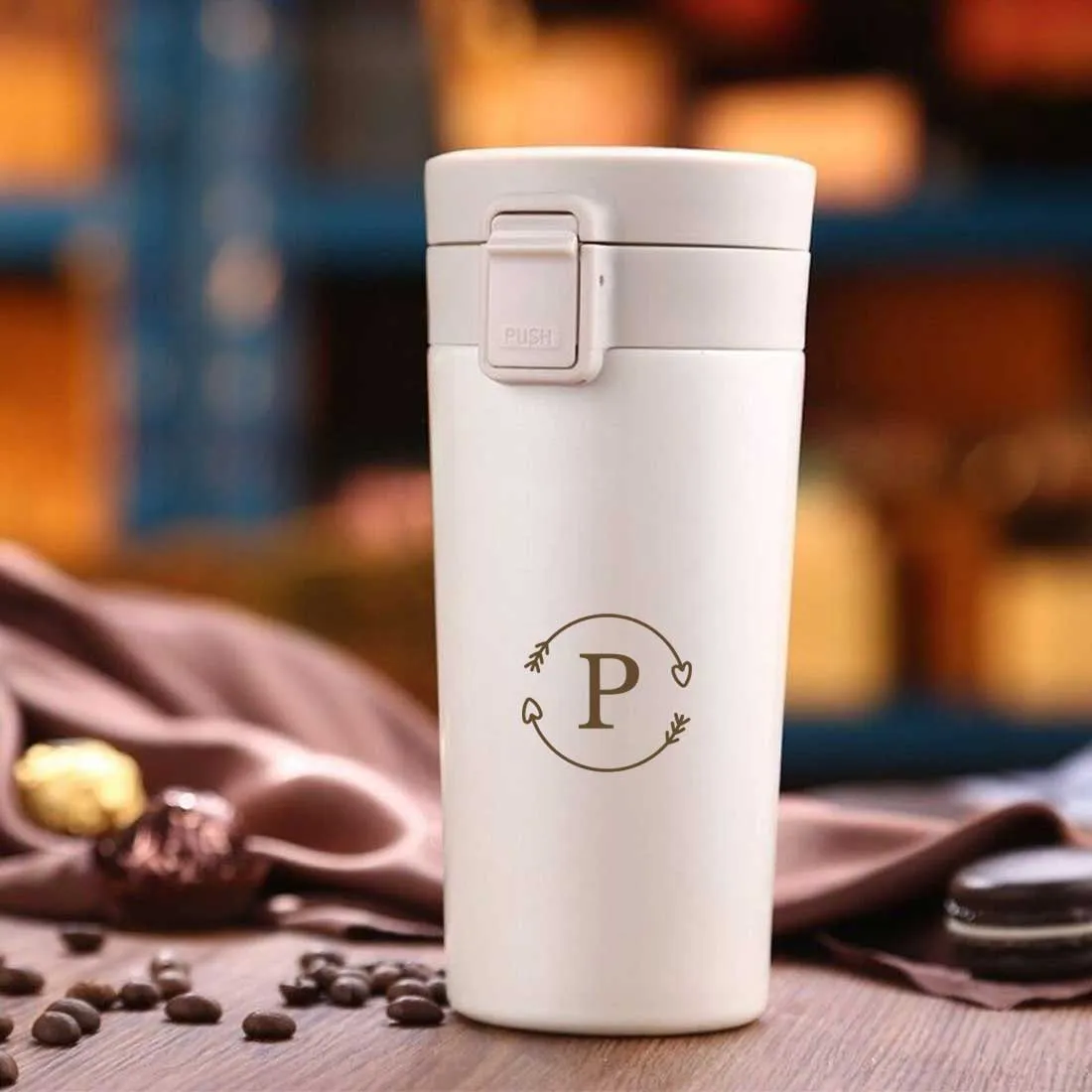 Personalized Travel Coffee Mug Insulated With Name Initials Monogram Engraved (380 ML) - Circle