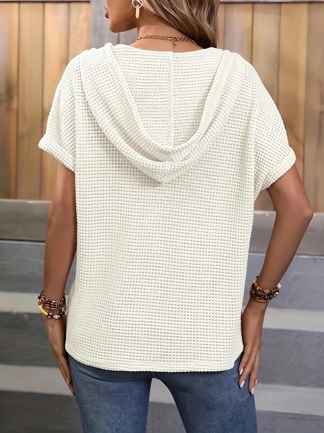 Pres Waffle-Knit Hooded Short Sleeve Top -Restock 7/16