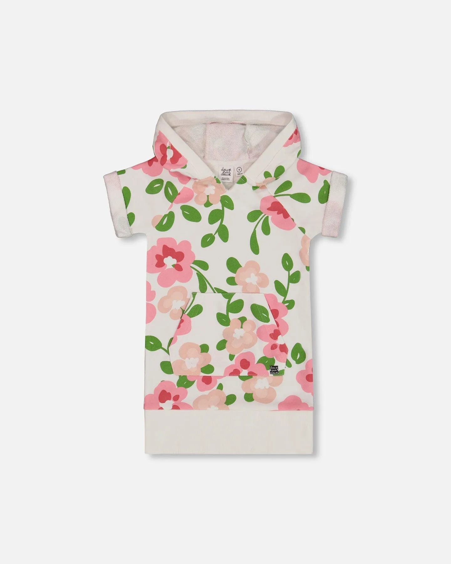 Printed French Terry Hooded Dress Pink Flowers On White Background