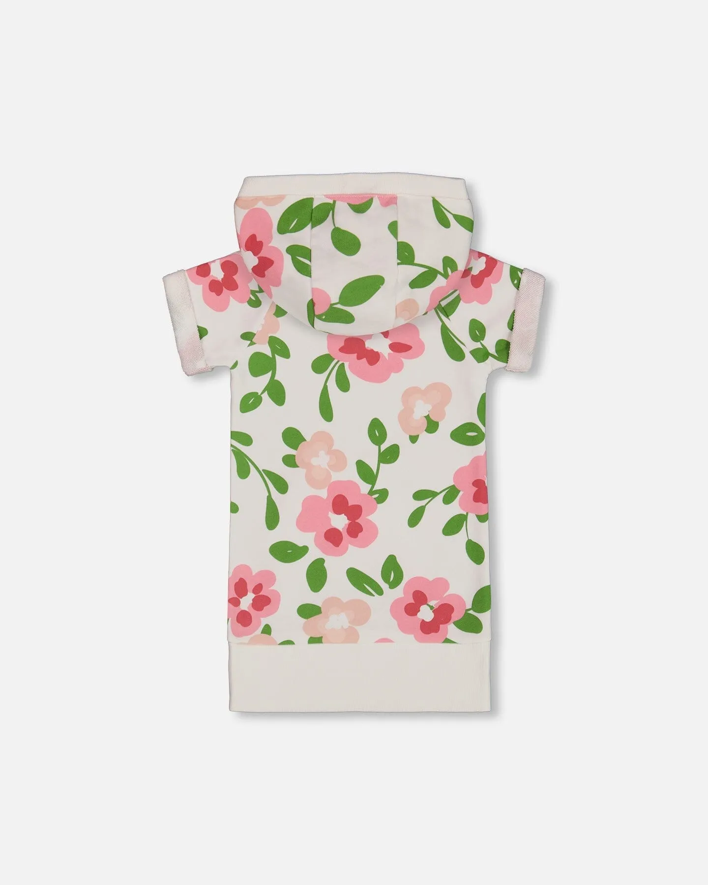 Printed French Terry Hooded Dress Pink Flowers On White Background