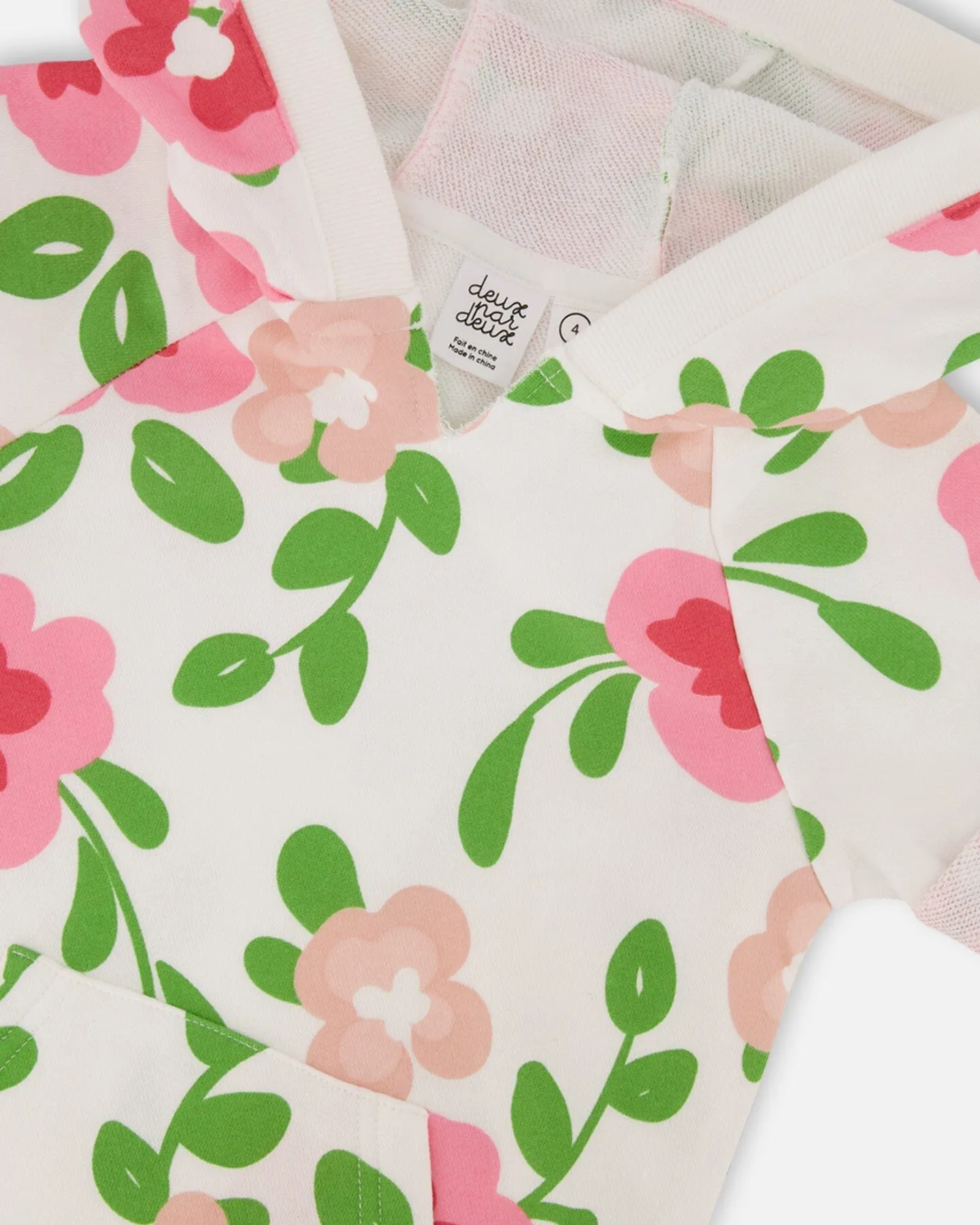 Printed French Terry Hooded Dress Pink Flowers On White Background