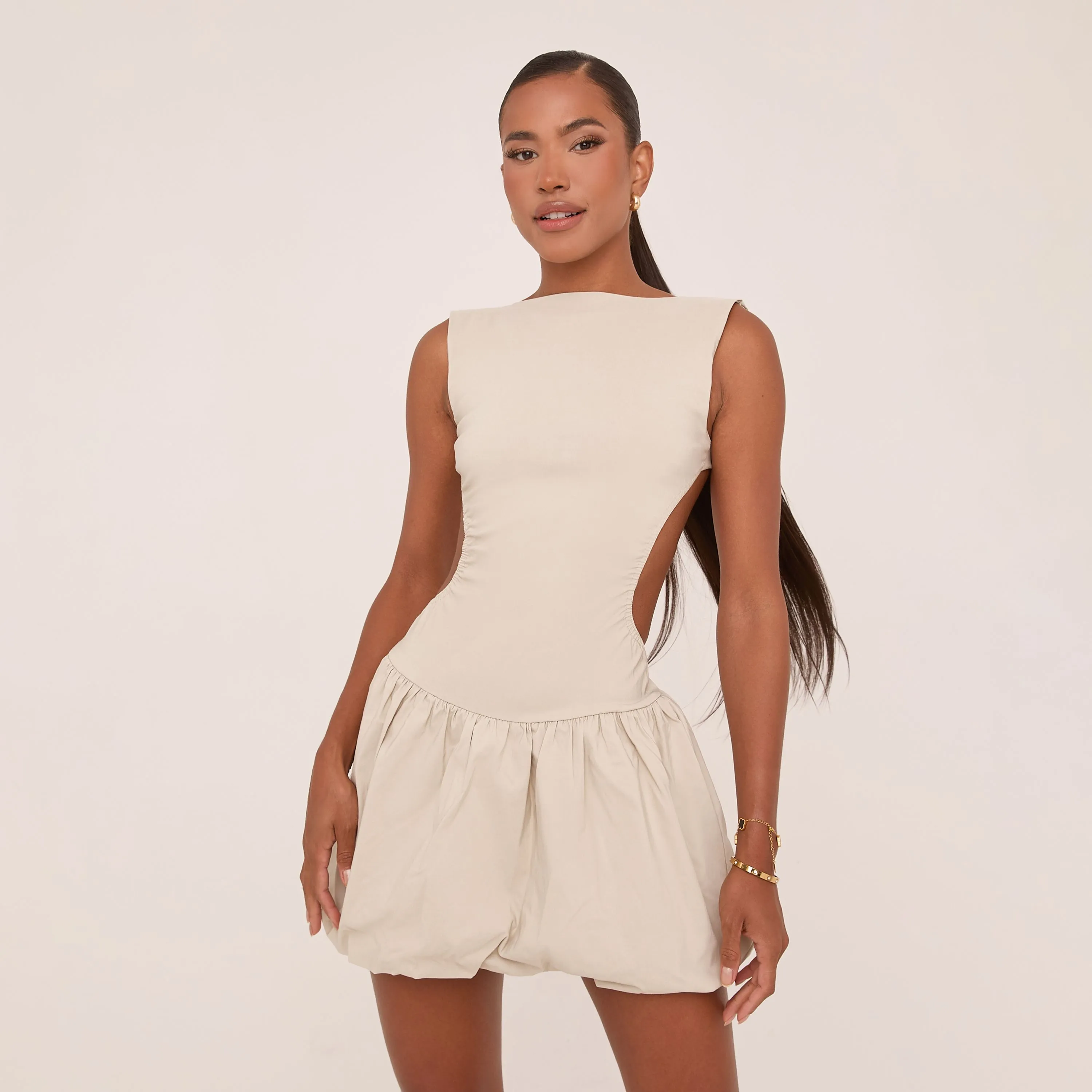 Racer Cut Out Side Puffball Mini Dress In Stone Woven