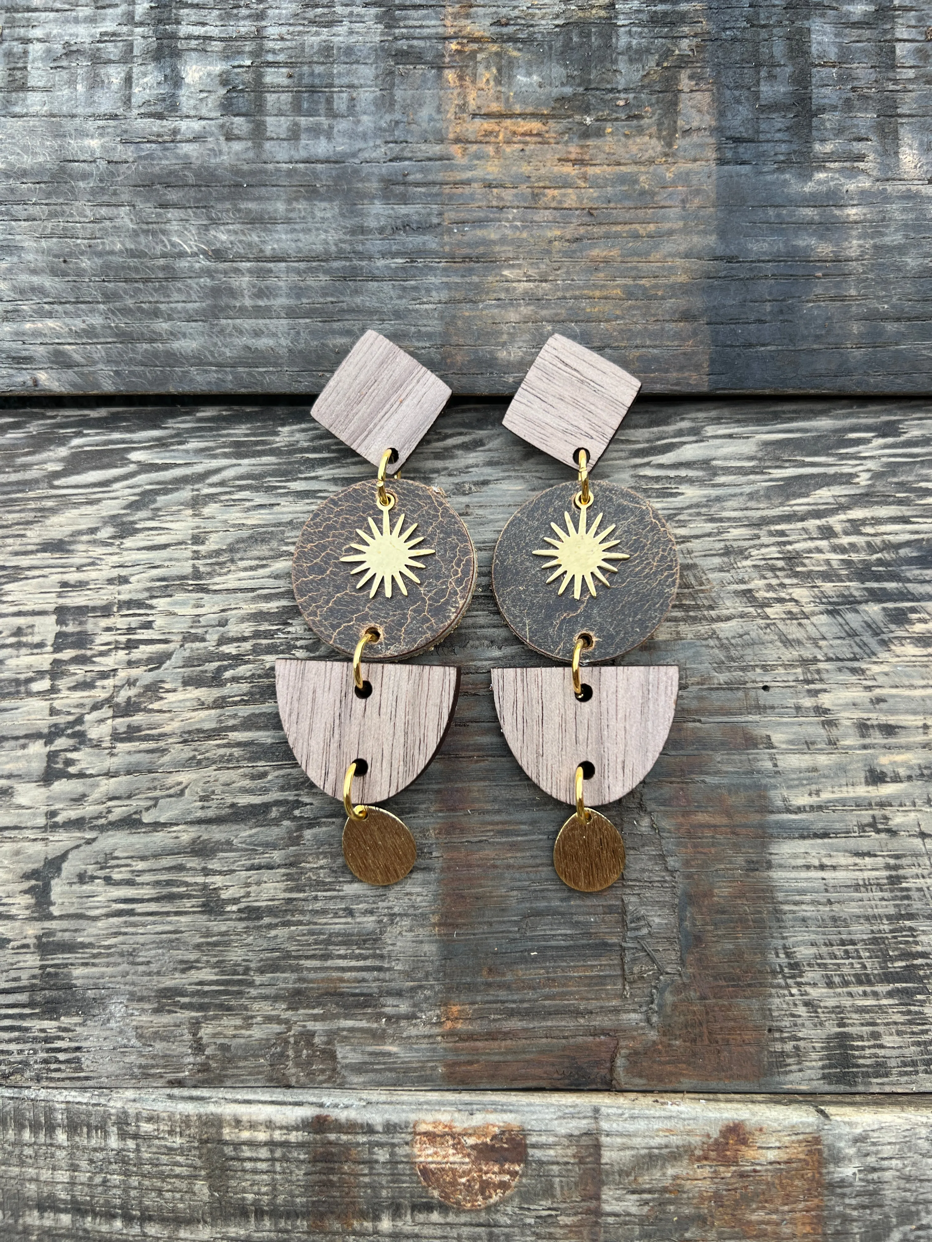 Samantha - Wood & Leather Earrings - Walnut