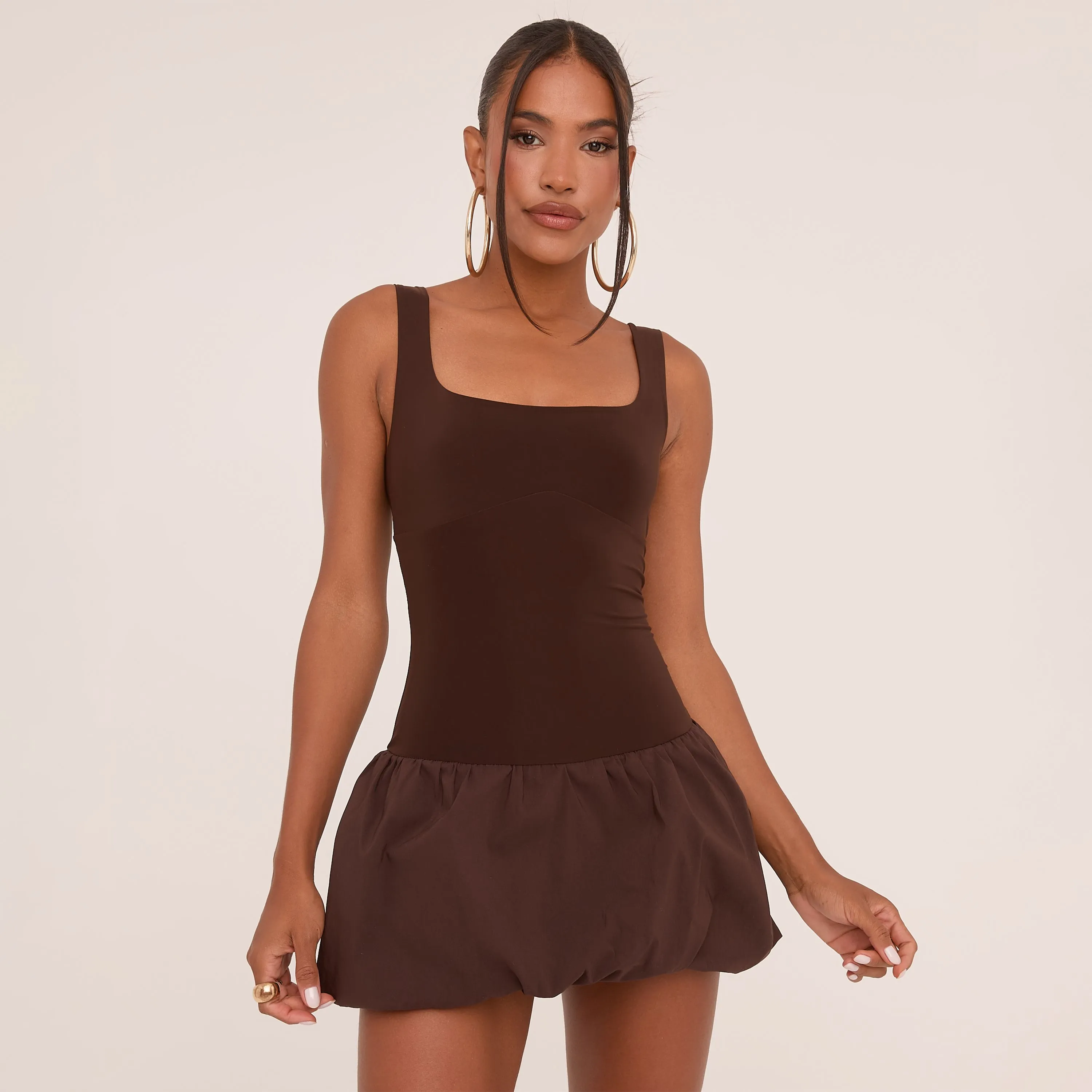 Scoop Neck Puffball Mini Dress In Chocolate Brown