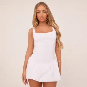 Scoop Neck Puffball Mini Dress In White