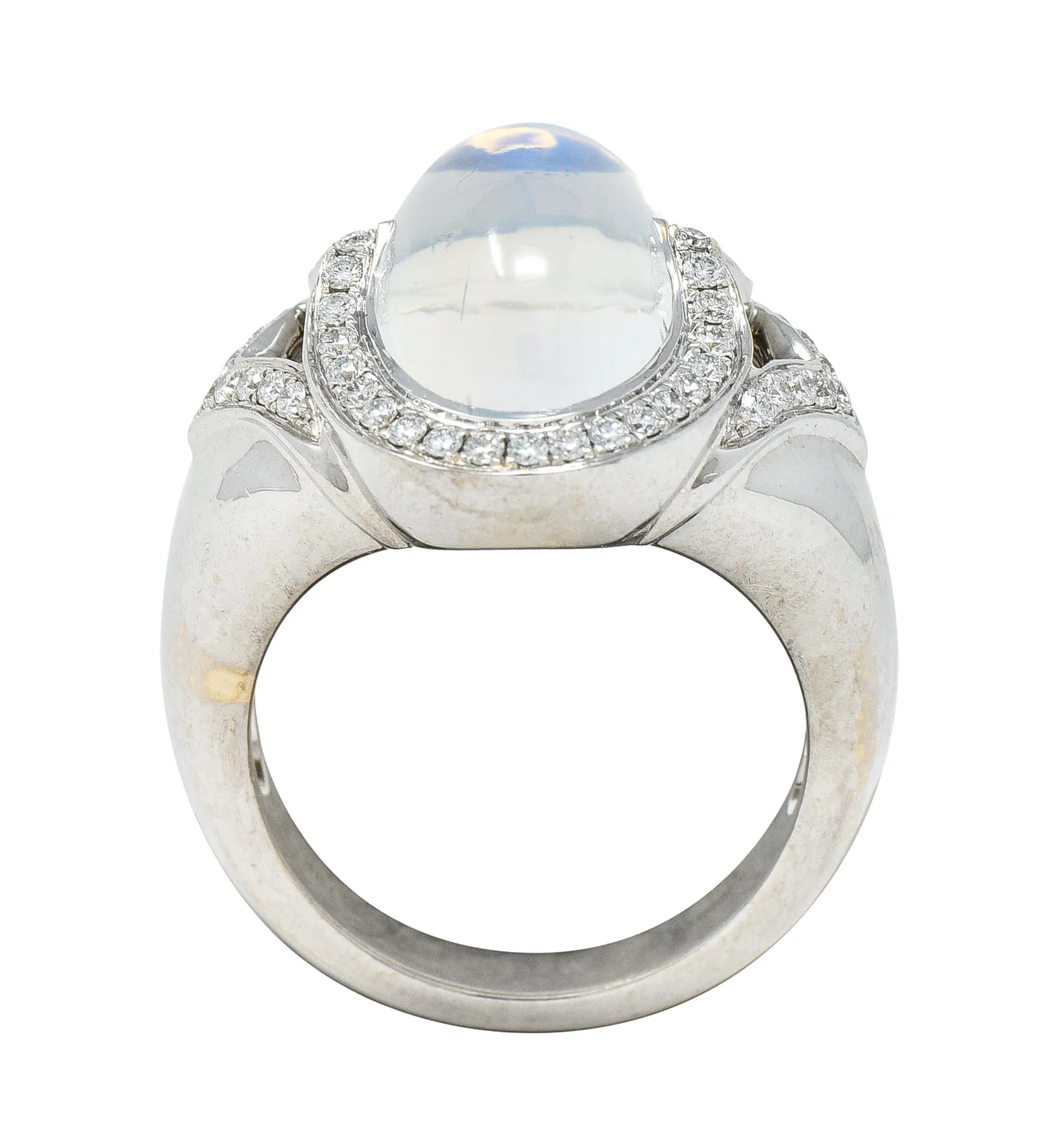 Spark Contemporary Rainbow Moonstone Cabochon Diamond 18 Karat White Gold Halo Ring