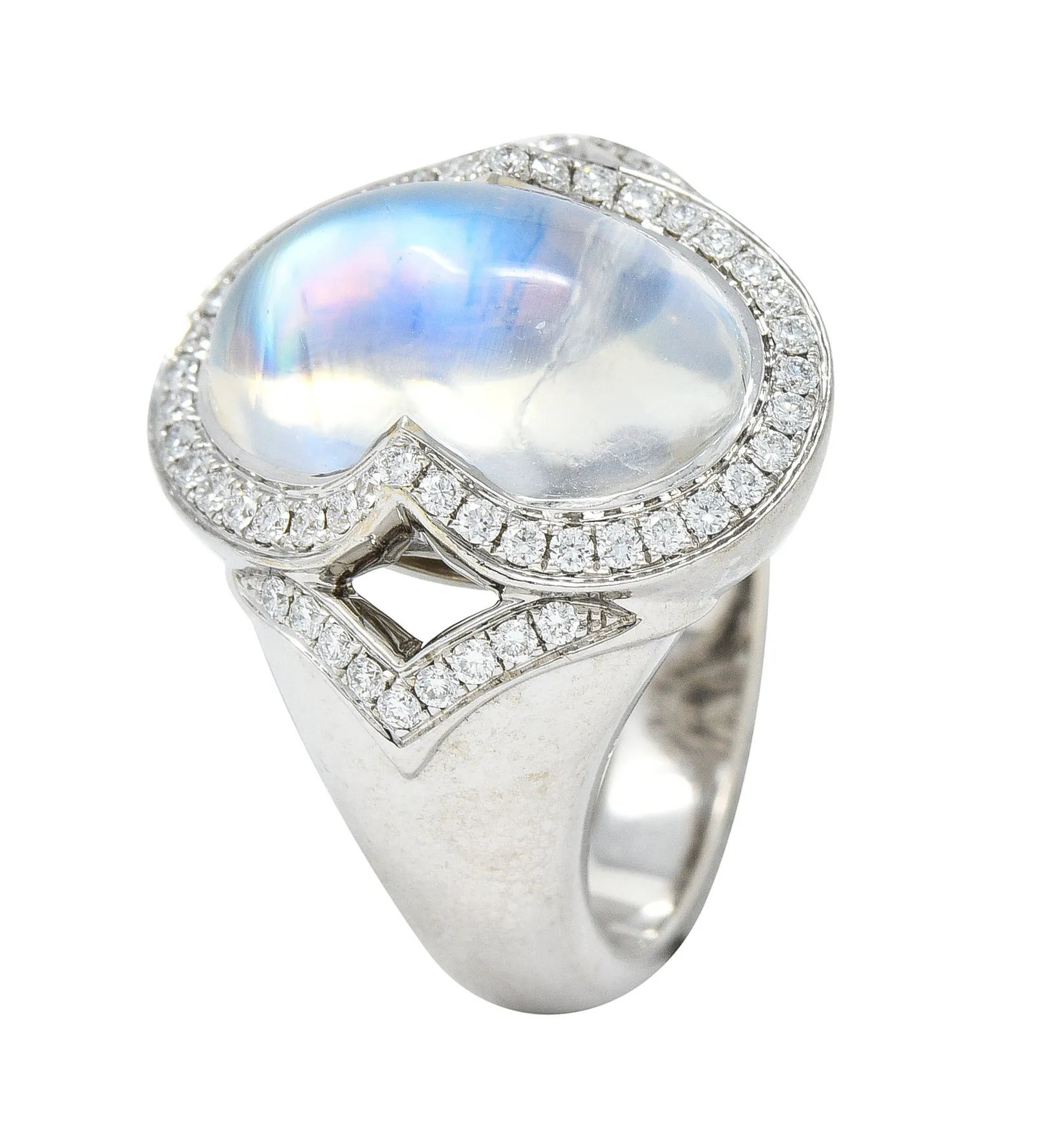 Spark Contemporary Rainbow Moonstone Cabochon Diamond 18 Karat White Gold Halo Ring