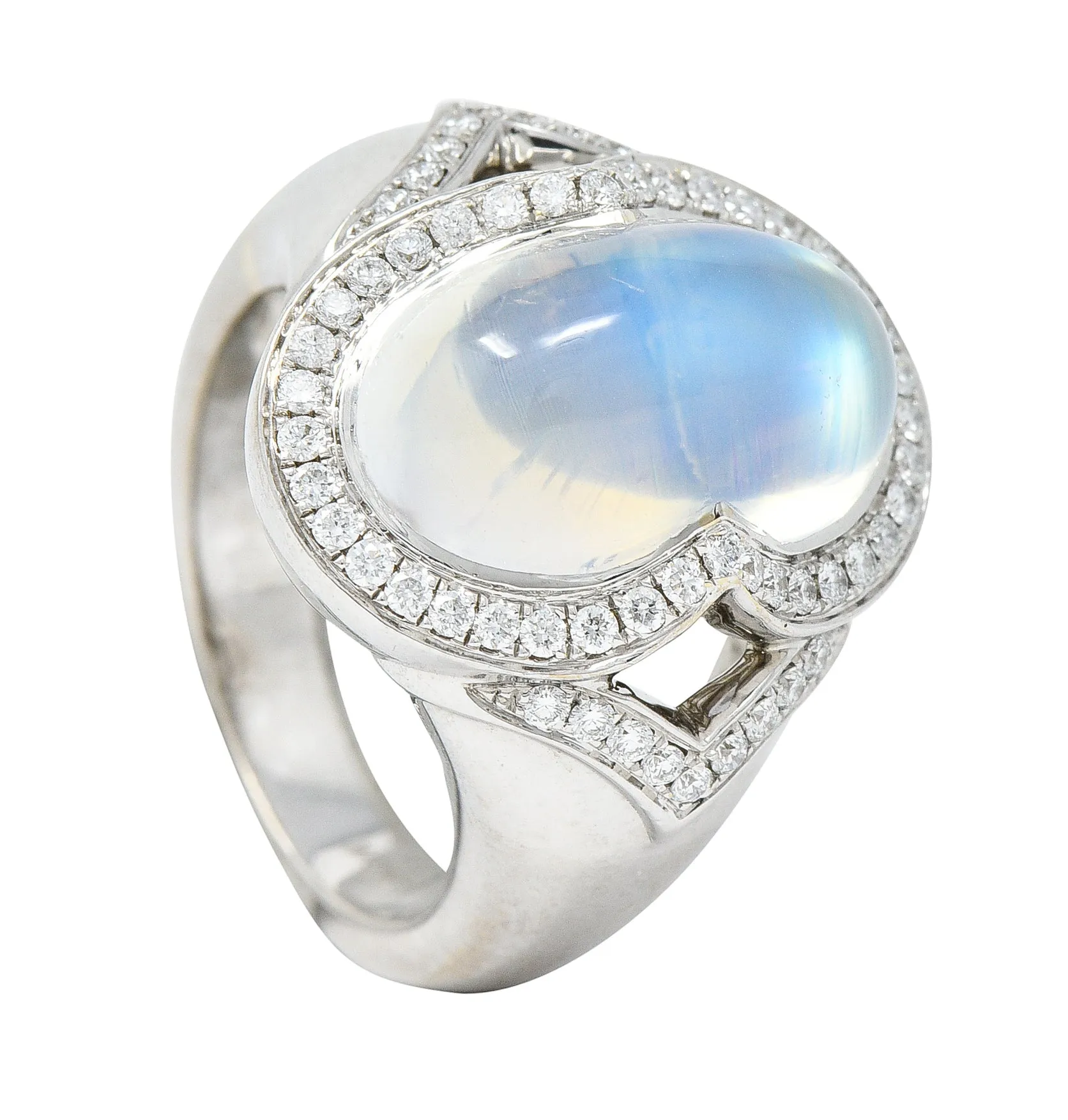 Spark Contemporary Rainbow Moonstone Cabochon Diamond 18 Karat White Gold Halo Ring