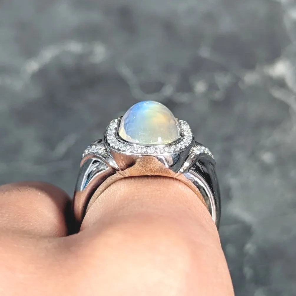 Spark Contemporary Rainbow Moonstone Cabochon Diamond 18 Karat White Gold Halo Ring