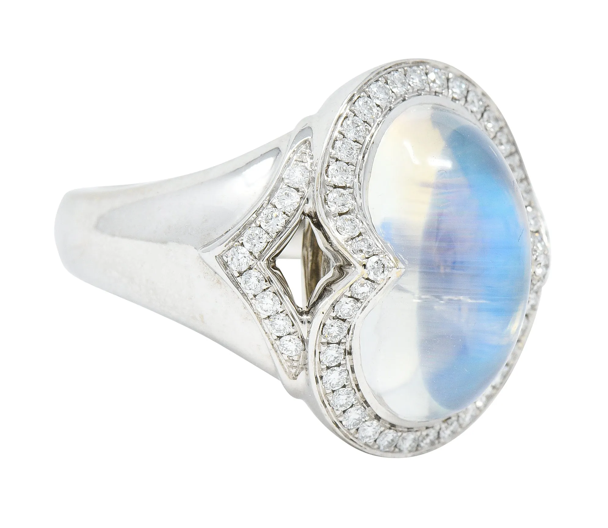 Spark Contemporary Rainbow Moonstone Cabochon Diamond 18 Karat White Gold Halo Ring