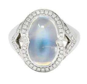 Spark Contemporary Rainbow Moonstone Cabochon Diamond 18 Karat White Gold Halo Ring