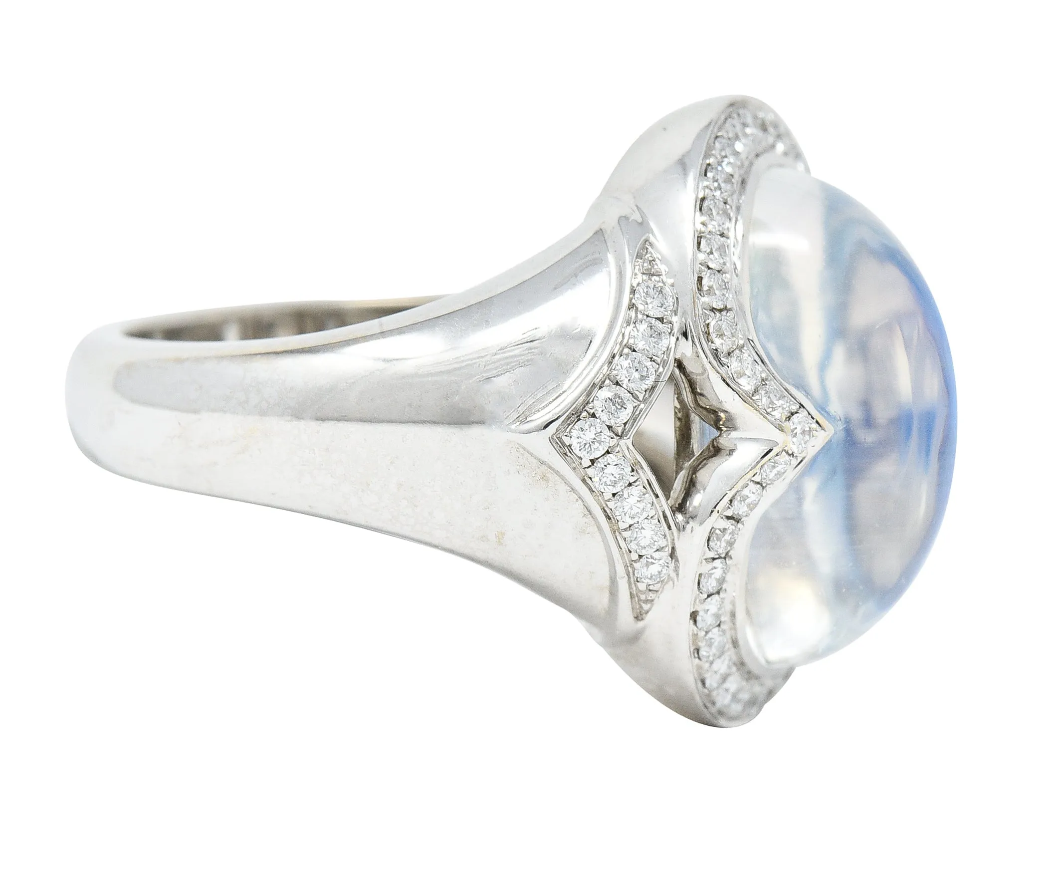 Spark Contemporary Rainbow Moonstone Cabochon Diamond 18 Karat White Gold Halo Ring