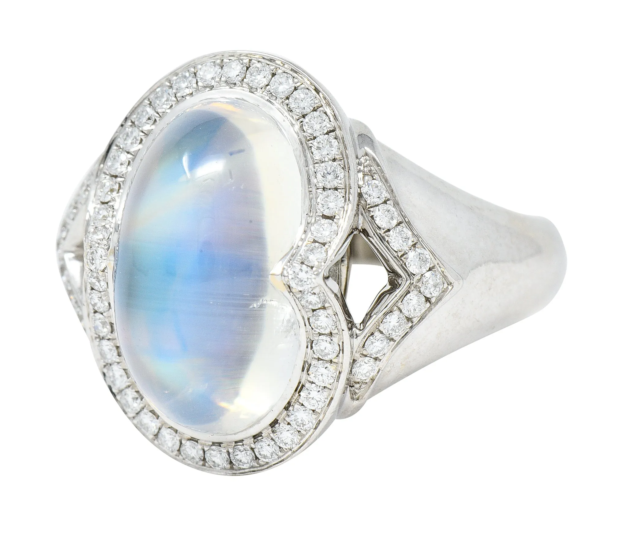 Spark Contemporary Rainbow Moonstone Cabochon Diamond 18 Karat White Gold Halo Ring