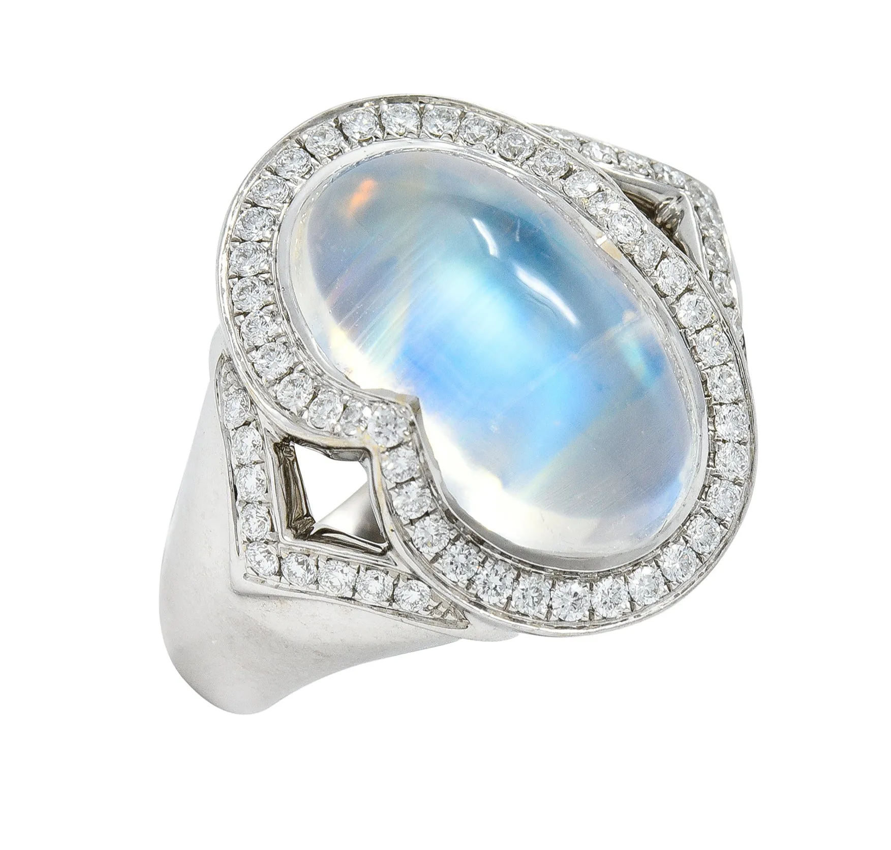 Spark Contemporary Rainbow Moonstone Cabochon Diamond 18 Karat White Gold Halo Ring